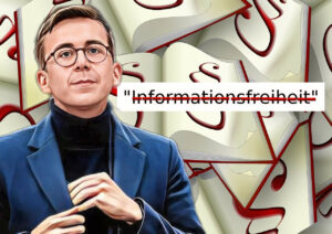 Ein Karikaturist könnte Philipp Amthor darstellen, wie er mit einem dicken schwarzen Marker das Wort "Informationsfreiheit" aus einem Gesetzbuch streicht, während im Hintergrund Bürgerinnen und Bürger mit Fragezeichen über den Köpfen stehen.