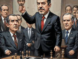 Eine Karikatur zeigt Erdogan, der auf einem Schachbrett steht und eine Figur mit dem Gesicht von Imamoglu vom Brett wirft, während im Hintergrund Trump und andere internationale Politiker abgelenkt in verschiedene Richtungen schauen.