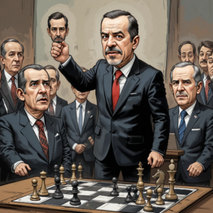 Eine Karikatur zeigt Erdogan, der auf einem Schachbrett steht und eine Figur mit dem Gesicht von Imamoglu vom Brett wirft, während im Hintergrund Trump und andere internationale Politiker abgelenkt in verschiedene Richtungen schauen.