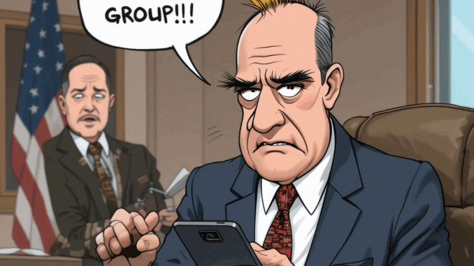 Eine Karikatur zeigt einen überforderten Pentagon-Beamten, der hektisch am Smartphone tippt, während eine Sprechblase über ihm erscheint: "Ups, falsche Gruppe!". Im Hintergrund liest ein überraschter Journalist mit hochgezogenen Augenbrauen die geheimen Kriegspläne auf seinem Handy.