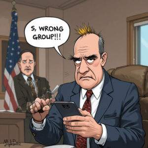 Eine Karikatur zeigt einen überforderten Pentagon-Beamten, der hektisch am Smartphone tippt, während eine Sprechblase über ihm erscheint: "Ups, falsche Gruppe!". Im Hintergrund liest ein überraschter Journalist mit hochgezogenen Augenbrauen die geheimen Kriegspläne auf seinem Handy.